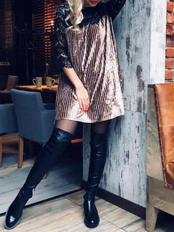 New Coffee Patchwork Lace Long Sleeve Casual Mini Dress