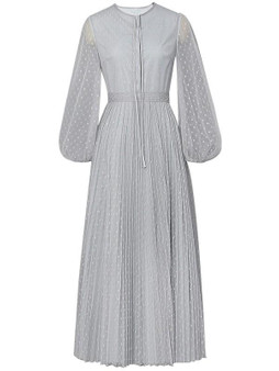 New Grey Patchwork Lace Pleated Long Sleeve Elegant Cocktail Party Maxi Dress