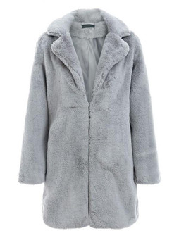 New Light Grey Pockets Faux Fur Turndown Collar Long Sleeve Oversize Coat