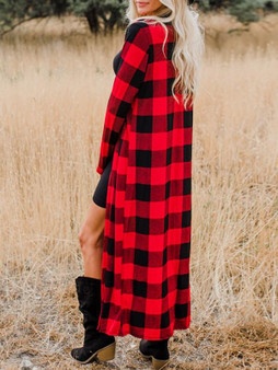 New Red Plaid Long Sleeve Casual Sweet Going out Outerwear