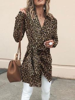 New Khaki Leopard Print Sashes Irregular V-neck Long Sleeve Trench Coat
