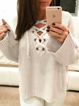 New White Drawstring Long Sleeve Round Neck Casual Sweet Going out Pullover