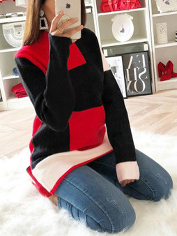 New Black Patchwork Round Neck Long Sleeve Fashion T-Shirt