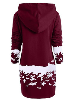 New Burgundy Flowers Print Drawstring Hooded Long Sleeve Casual Mini Dress