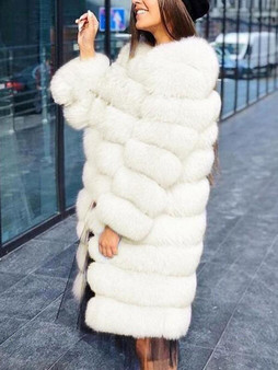 New White Striped Faux Fur Long Sleeve Casual Cardigan Coat