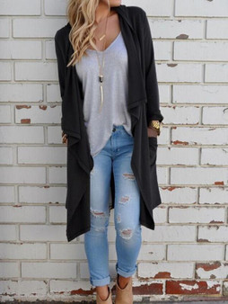 New Black Ruffle Long Sleeve V-neck Casual Sweet Going out Coat