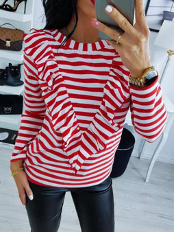 New Red Striped Print Ruffle Long Sleeve Fashion T-Shirt