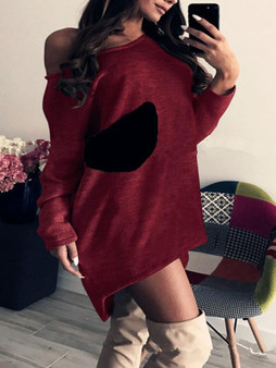 New Red Pockets Irregular Round Neck Long Sleeve Casual T-Shirt