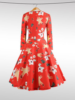 New Red Floral Draped Print Round Neck Long Sleeve Fashion Midi Dress