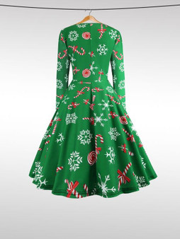 New Green Floral Draped Print Round Neck Long Sleeve Fashion Midi Dress