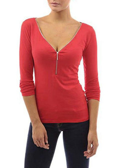 New Watermelon Red Zipper V-neck Long Sleeve Casual Cotton T-Shirt