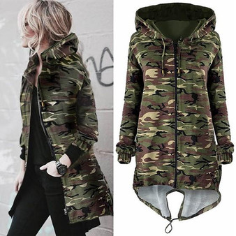 New Army Green Camouflage Drawstring Irregular Hooded Zipper Casual Coat