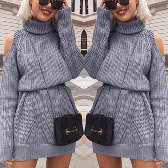 New Grey Cut Out High Neck Long Sleeve Fashion Mini Dress