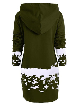 New Army Green Flowers Print Drawstring Hooded Long Sleeve Casual Mini Dress