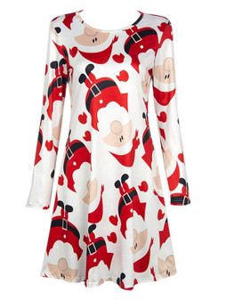 New Red Floral Print Draped Round Neck Long Sleeve Casual Midi Dress