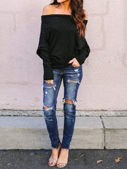 New Black Off Shoulder Backless Long Sleeve Fashion T-Shirt