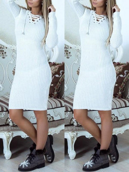 New White Drawstring V-neck Long Sleeve Fashion Mini Dress