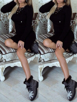 New Black Drawstring V-neck Long Sleeve Fashion Mini Dress