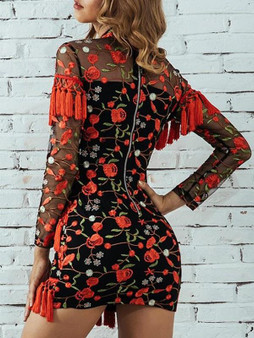 New Red Patchwork Grenadine Tassel Embroidery Long Sleeve Party Mini Dress