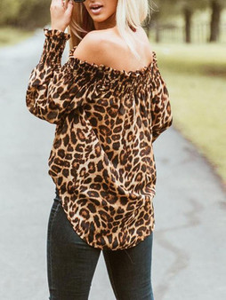 New Brown Leopard Print Pleated Wavy Edge Off Shoulder Backless Long Sleeve Fashion Vintage Casual Blouse