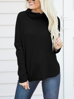 New Black Cut Out Irregular High Neck Long Sleeve Casual Sweater