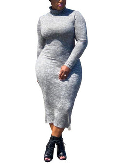 New Grey Cut Out Irregular Bodycon Backless Long Sleeve Band Collar Casual Office Worker Maxi Dress