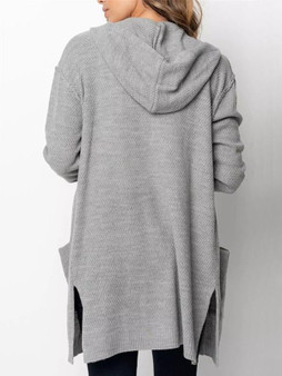 New Grey Pockets Slit Hooded Long Sleeve Oversize Cardigan Sweater