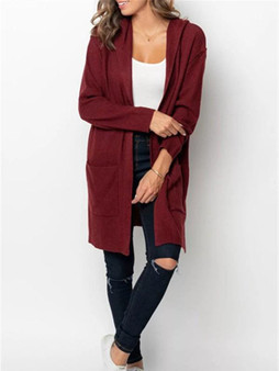 New Date Red Pockets Slit Hooded Long Sleeve Oversize Cardigan Sweater