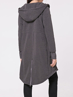 Casual Hooded Plain Drawstring Asymmetric Hem Zip Coat