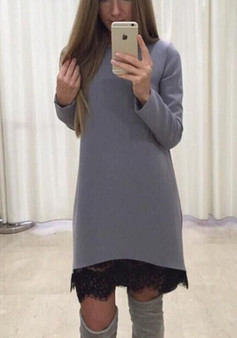 Grey Plain Lace Round Neck Long Sleeve Sweet Midi Dress