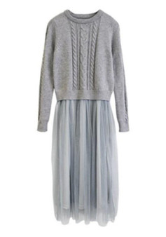 Grey Grenadine Round Neck Long Sleeve Fashion Midi Dress