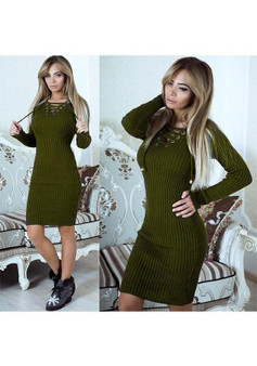 Green Drawstring V-neck Long Sleeve Fashion Midi Dress