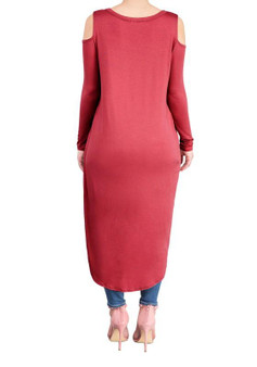 Burgundy Swallowtail Cut Out Off-shoulder High-low Long Sleeve Casual Midi Dress