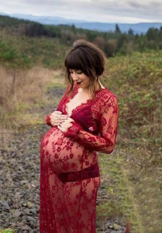 Burgundy Patchwork Lace Draped Maternity Deep V-neck Long Sleeve Maxi Dress