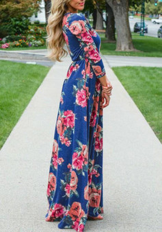 Blue Floral Draped Round Neck Long Sleeve Elegant Maxi Dress