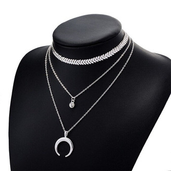 IPARAM Vintage Bohemian Multi-layer Fishbone Chain Crystal Moon Necklace 2018 Summer Women Layered Long Pendant Choker Necklace