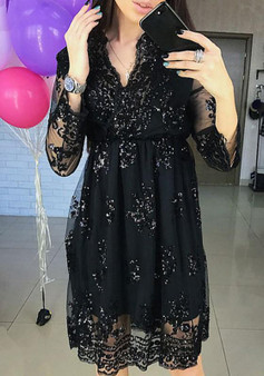 Black Sequin Draped Lace V-neck Long Sleeve Fashion Midi Dress