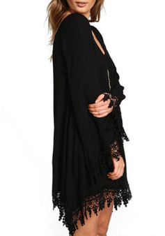 Black Patchwork Lace Irregular Round Neck Long Sleeve Casual Loose Chiffon Mini Dress