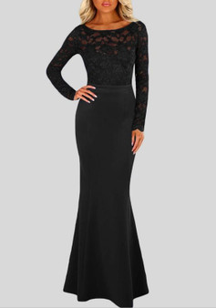 Black Patchwork Lace Backless Round Neck Long Sleeve Mermaid Maxi Dress
