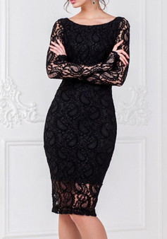 Black Lace Round Neck Long Sleeve Bodycon Fashion Midi Dress