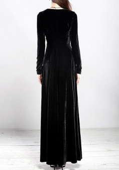 Black Irregular Pleated V-neck Long Sleeve Fashion Maxi Dress