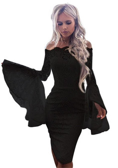 Black Floral Lace Boat Neck Long Sleeve Fashion Midi Dress
