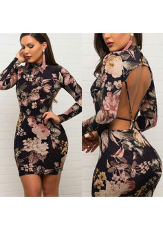 Black Floral Cut Out Round Neck Long Sleeve Mini Dress