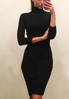 Black Draped High Neck Long Sleeve Fashion Midi Dress
