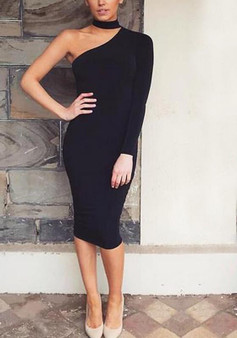 Black Asymmetric Shoulder Irregular Long Sleeve Fashion Midi Dress