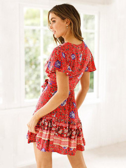 Short-sleeves V-neck Floral Beach Mini Dresses