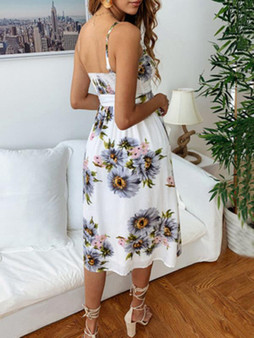 Sunflower Floral Spaghetti-neck Midi Dress