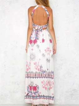 Blue Floral Print Halterneck Sleeveless Maxi Dress