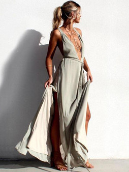 Beautiful Bohemia V-Neck Floral Solid Color Maxi Dress