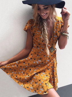 Floral Deep V-neck Mini Dress